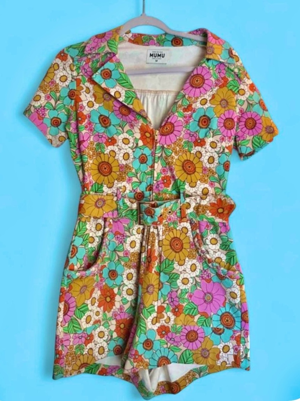 Show Me Your Mumu Vibrant Floral Denim Belted Romper Multicolor Jumpsuit, Medium